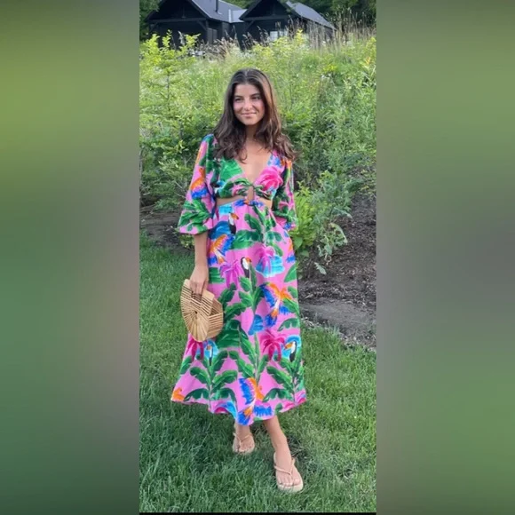 FARM Rio | Dresses | Farm Rio Anthropologie Printed Vneck Cutout Dress Pink  Tropical Large 275 | Poshmark